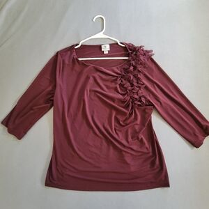 Worthington Deep Burgundy Ruffled 3/4 Sleeve Blouse - Petite XL